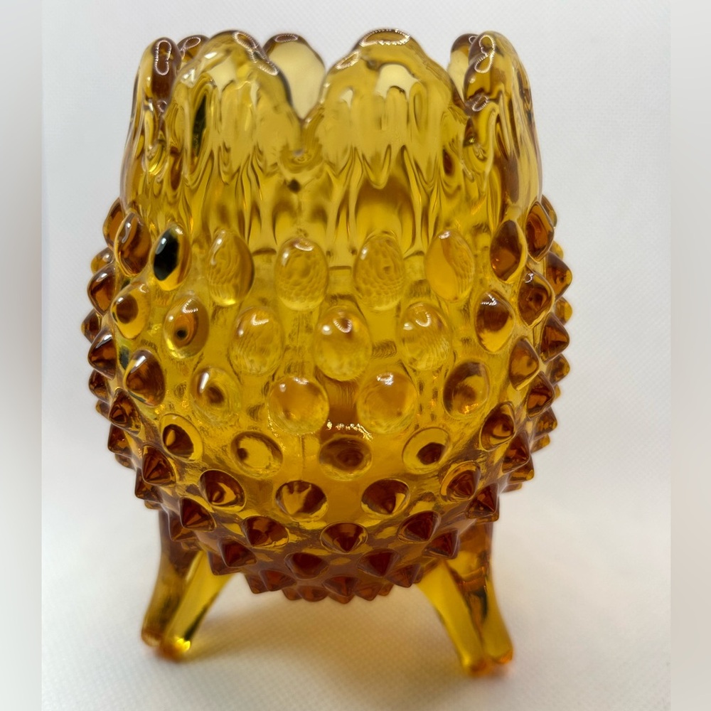 Vintage MCM amber glass egg shaped hobnail rose bowl vase petal rim - Picture 7 of 8